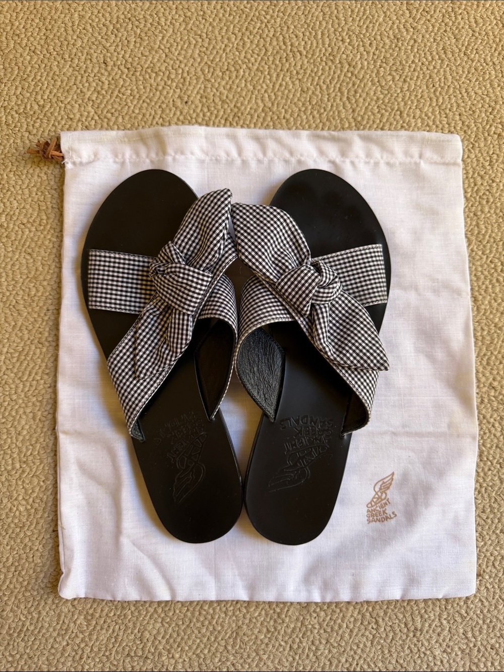 Ancient Greek Sandals Thais Bow Gingham Black Sandals 38